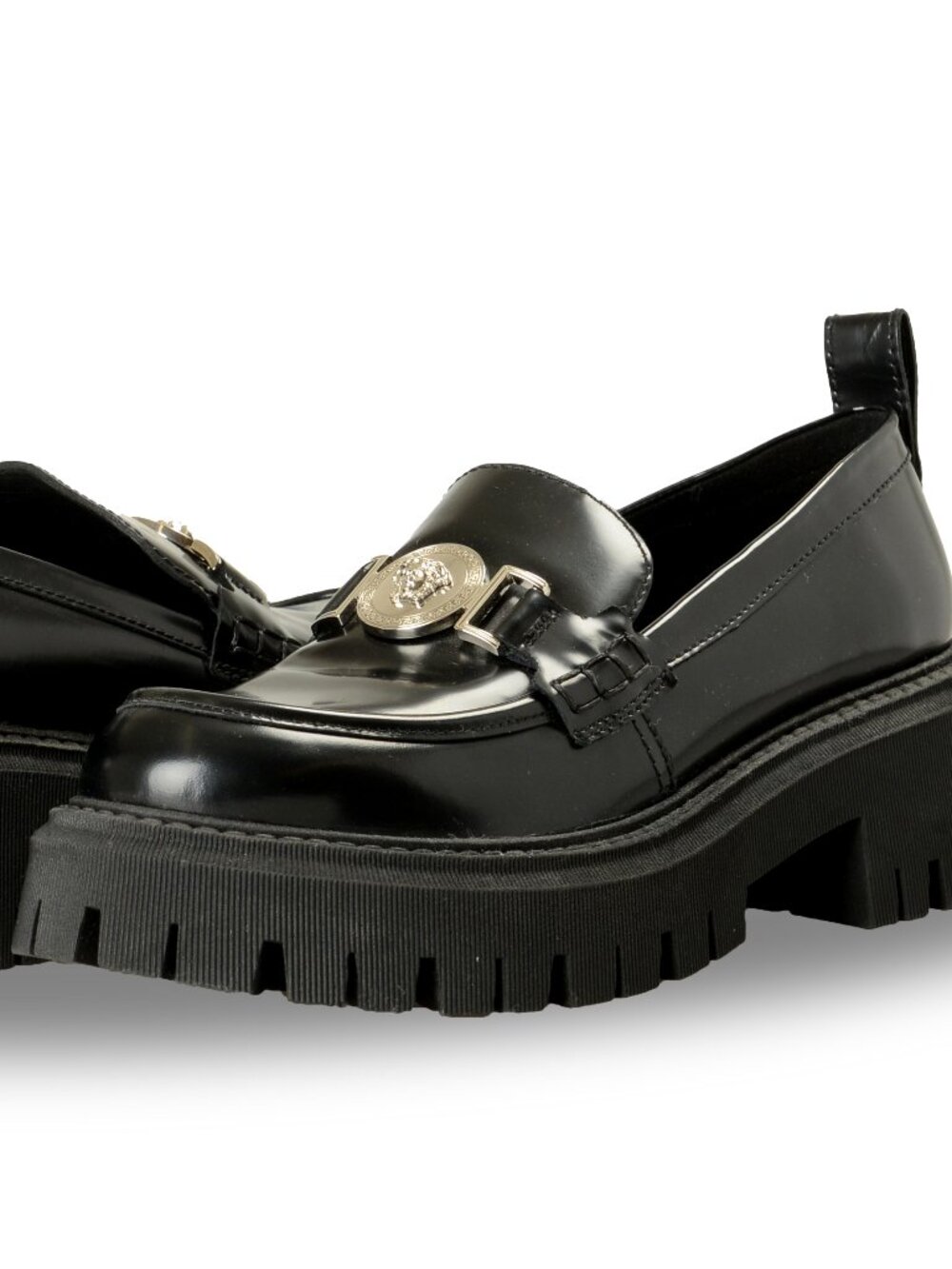 Versace Women's Black 100% Leather Silver Medusa Head Loafers Shoes US 9 IT 39 - Picture 1 of 8